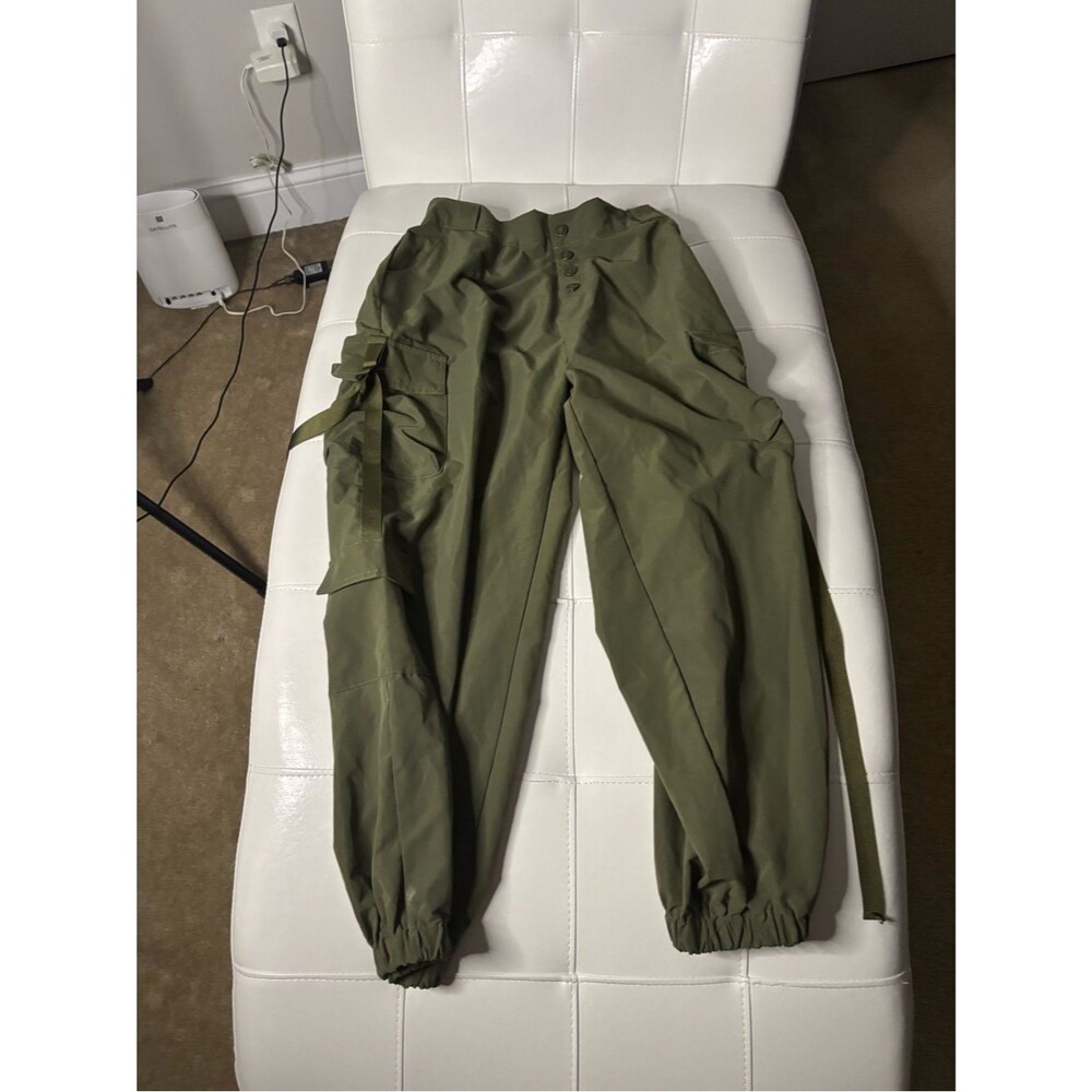 Olive Green High-Waist Cargo Jumpsuit Pants